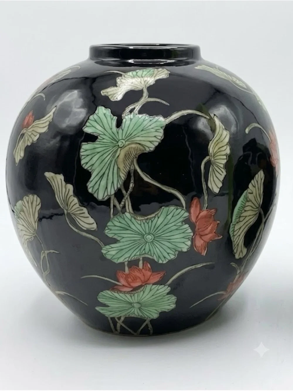 Black Ceramic Lotus Vase with Green and Coral Floral Motif